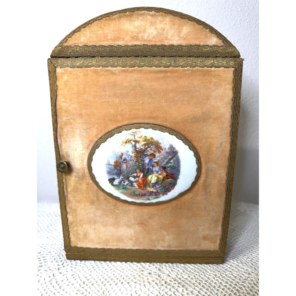 Vintage Peach Pink Velvet Wall Jewelry Cabinet Porcelain Key Holder